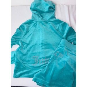 Juicy Couture Velour Tracksuit Zip Hoodie and Shorts Teal Rhinestone Logo L NEW